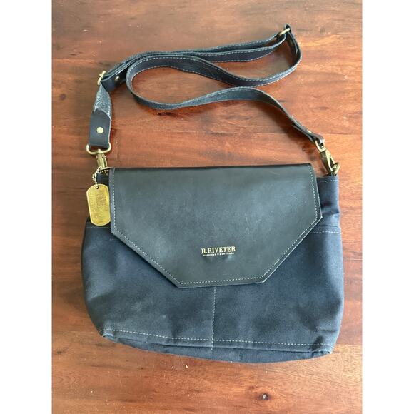 R. Riveter Black Canvas Leather Handbag Crossbody Purse handbag 11 in - Picture 1 of 12